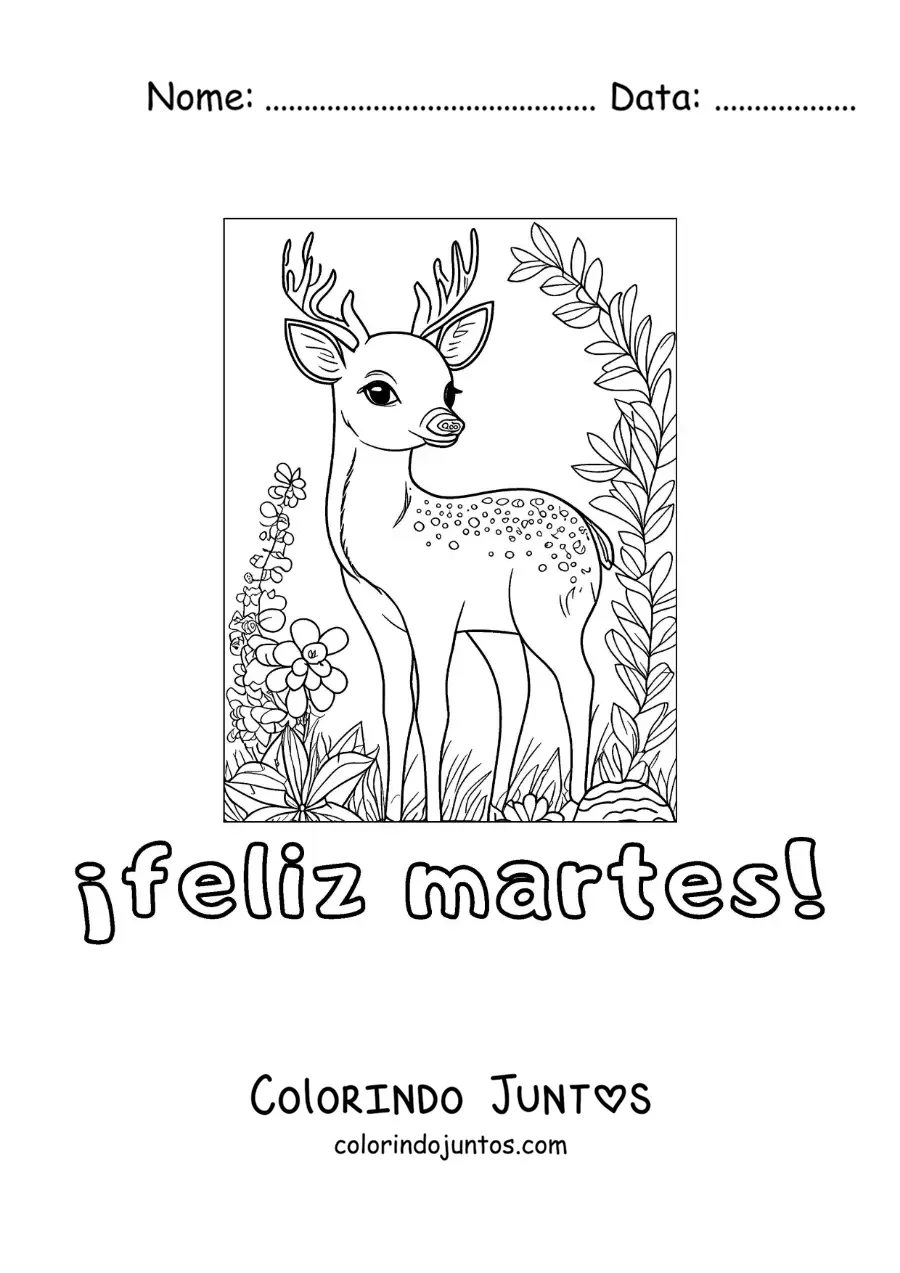 Desenho para colorir de feliz terça-feira com um cervo fofo com flores