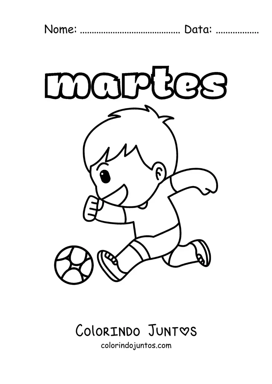 Desenho para colorir da terça-feira com um menino jogando futebol