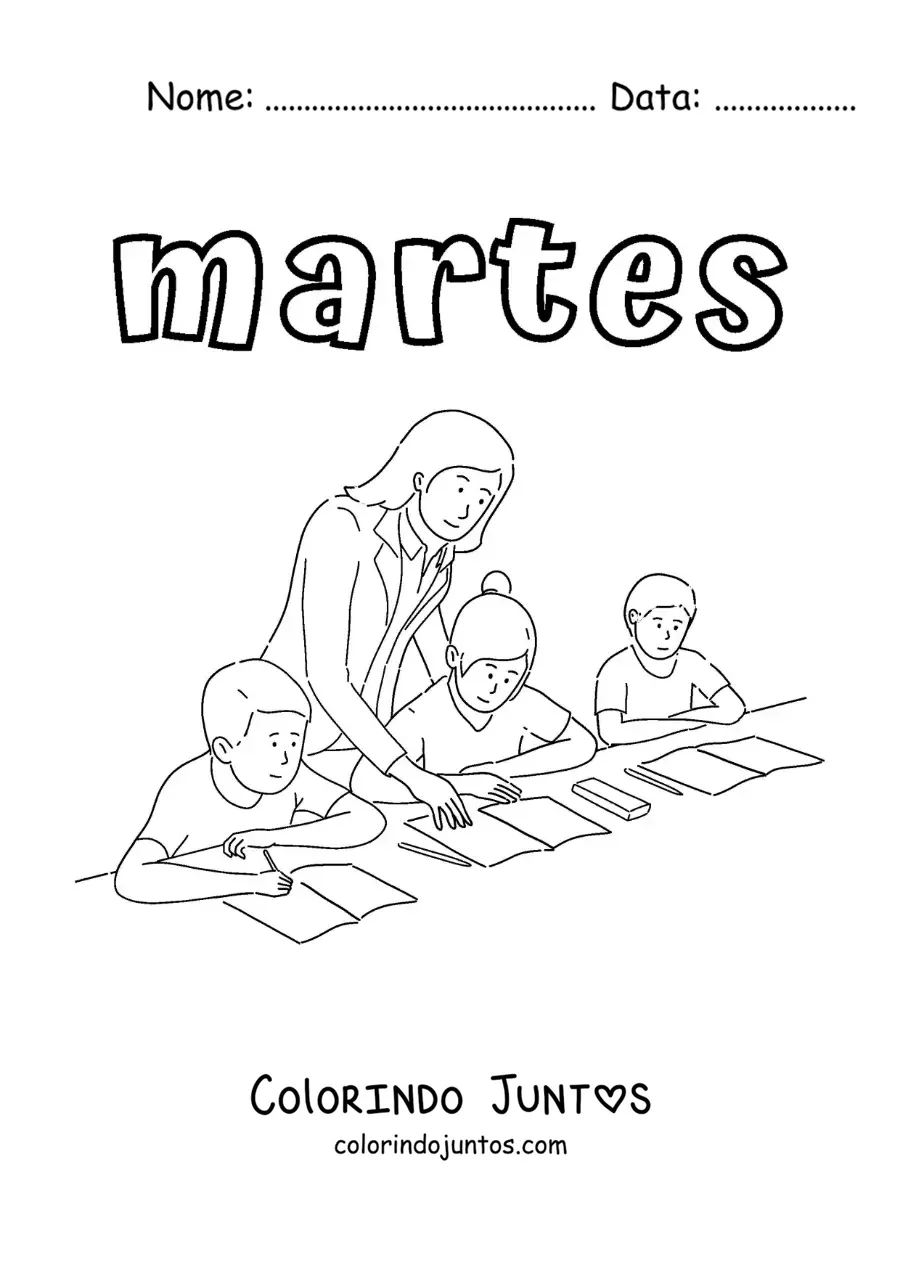 Desenho para colorir da terça-feira com crianças na aula com a professora
