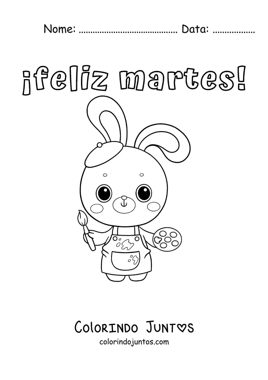 Desenho para colorir de feliz terça-feira com um coelho pintor kawaii animado