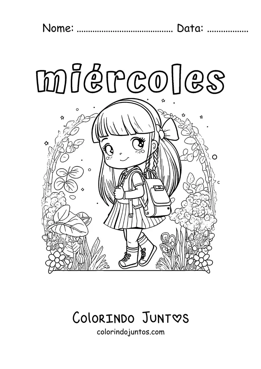 Desenho para colorir da quarta-feira com uma menina indo a pé para a escola
