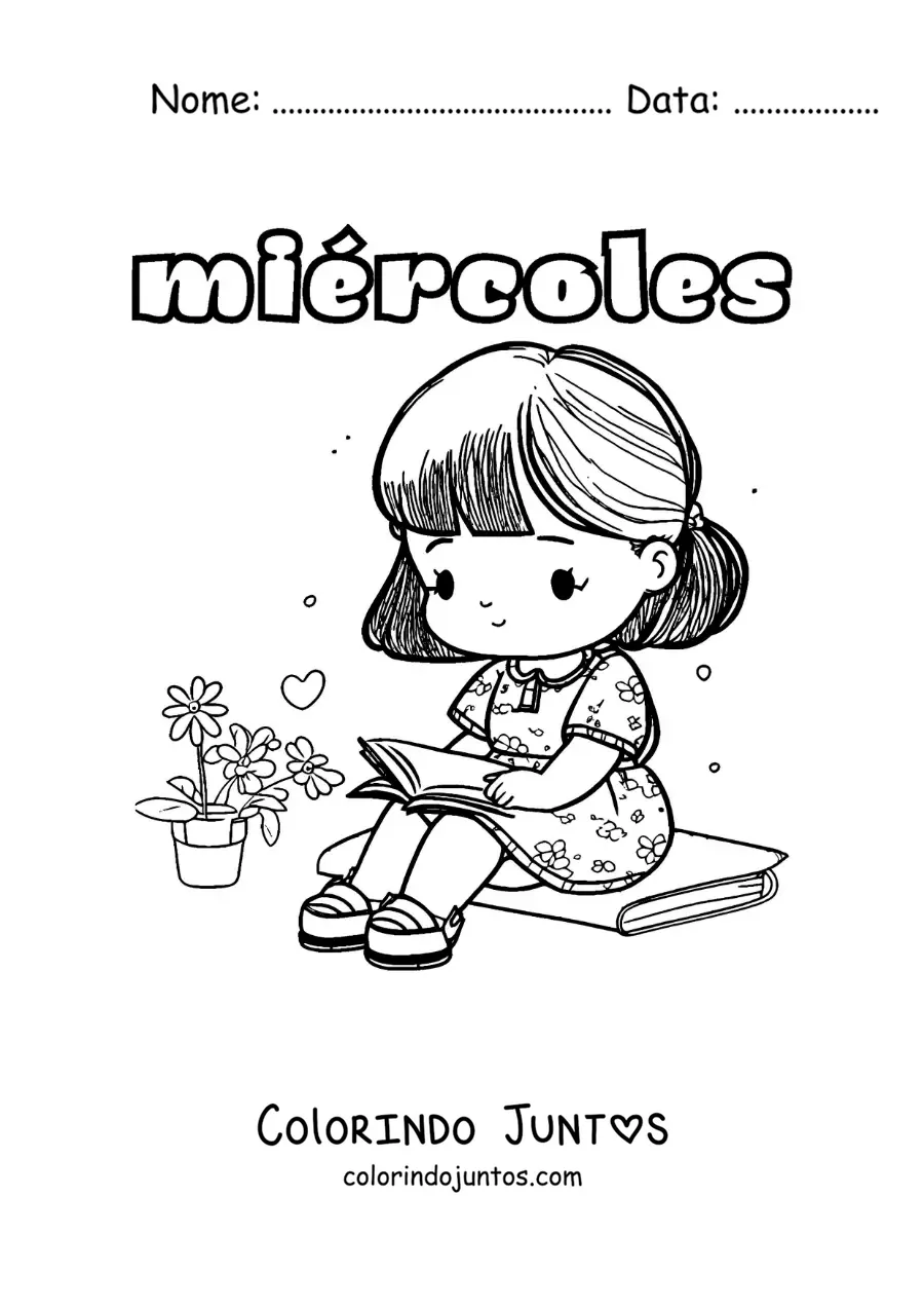Desenho para colorir da quarta-feira com uma menina kawaii lendo um livro