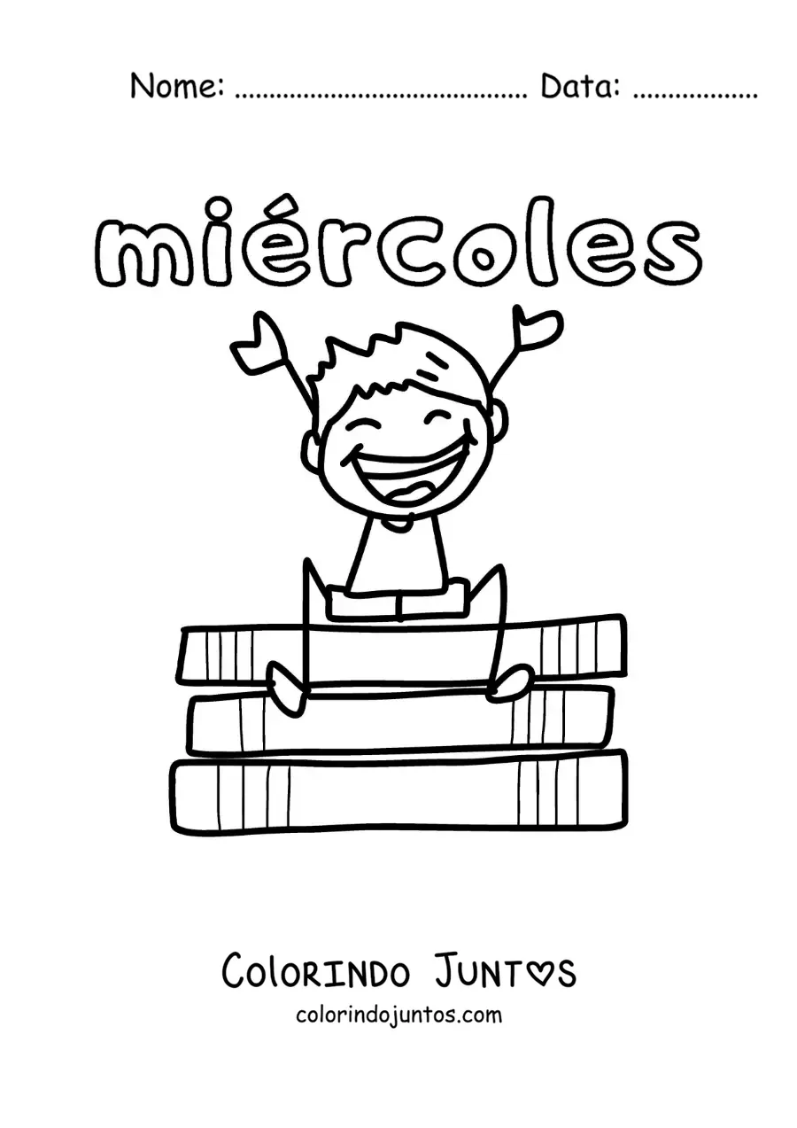 Desenho para colorir da quarta-feira com um menino feliz sentado sobre uns livros