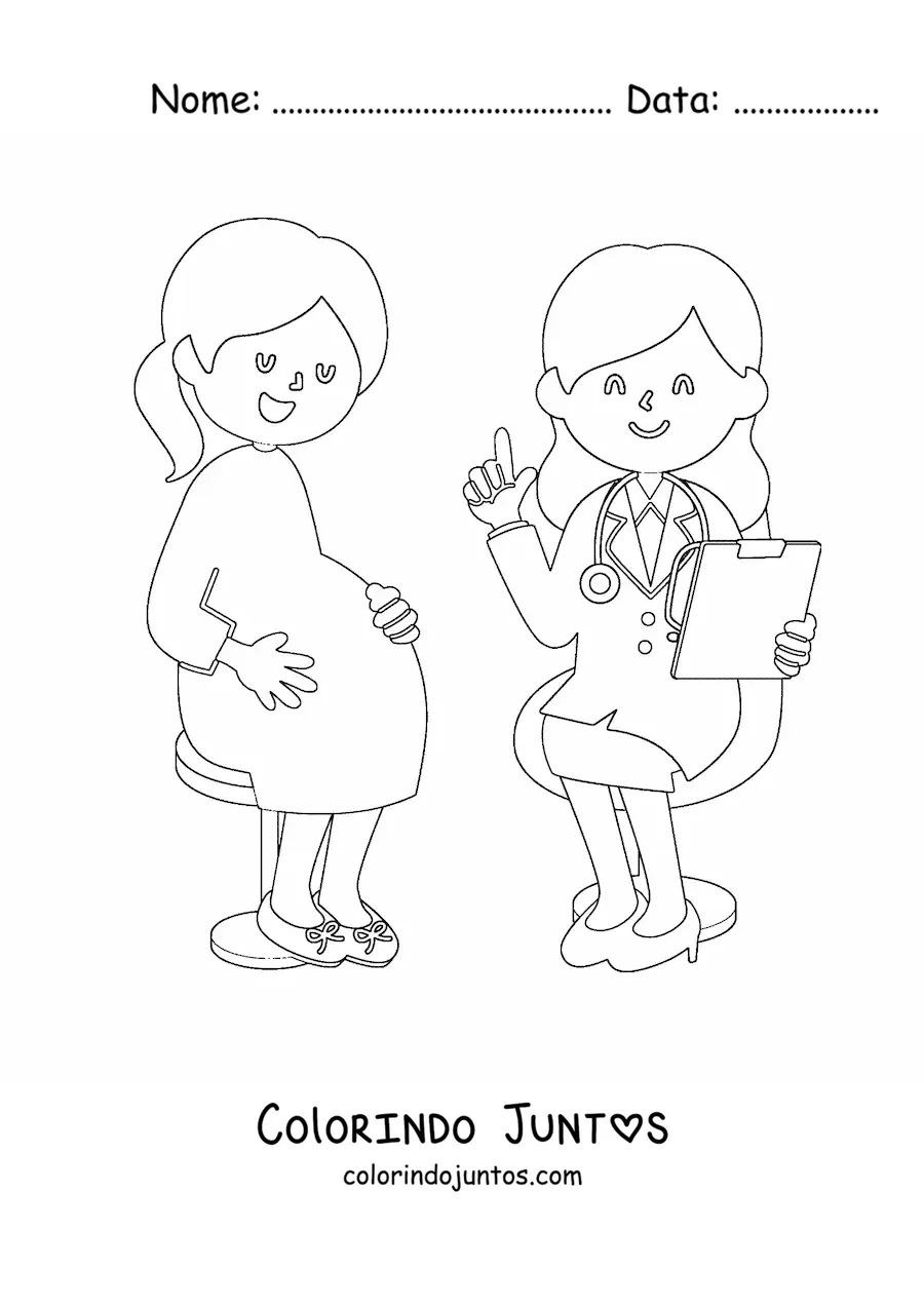 Desenho para colorir de um medico ginecologista com uma paciente gravida kawaii