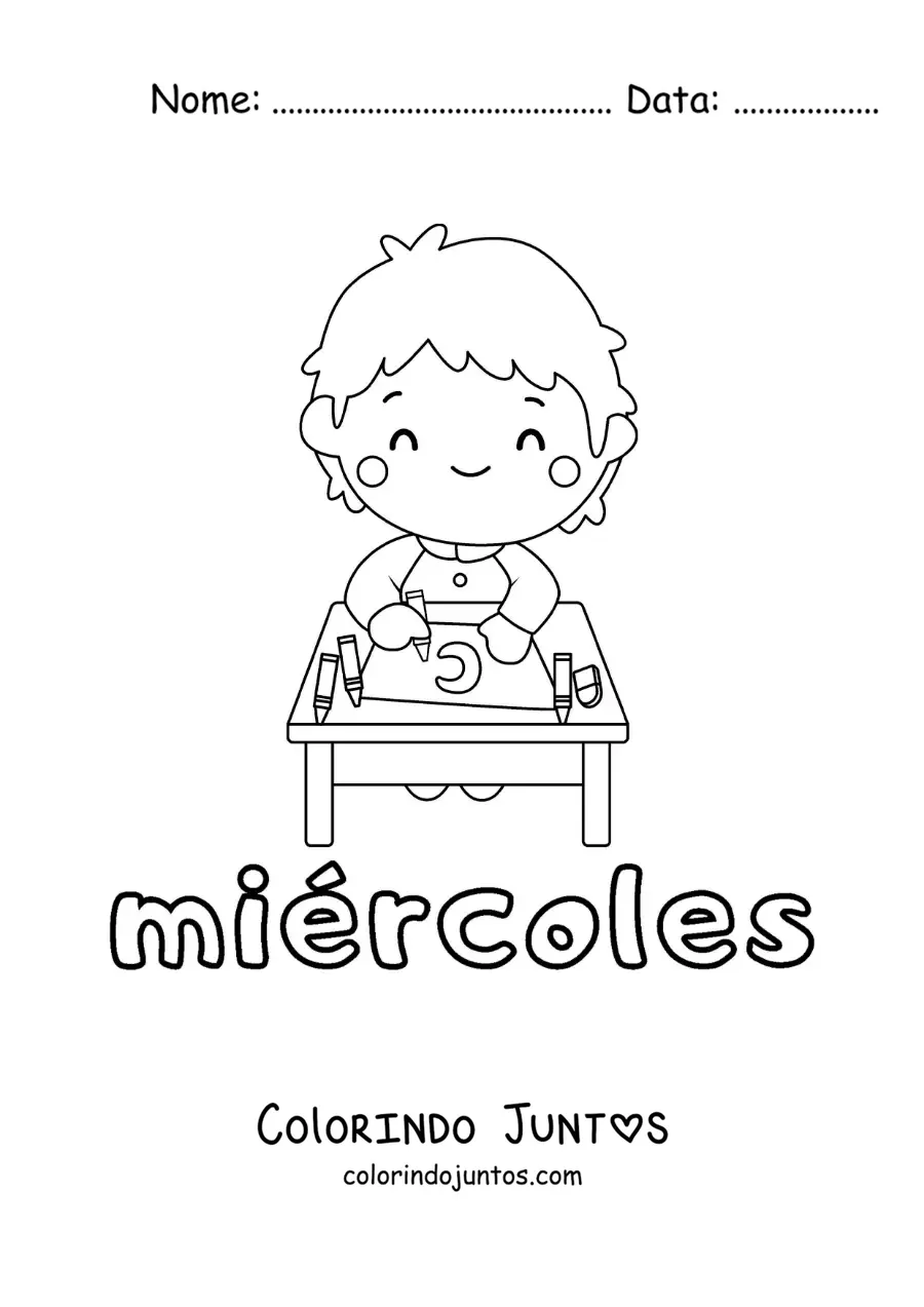 Desenho para colorir da quarta-feira com um menino estudando na aula