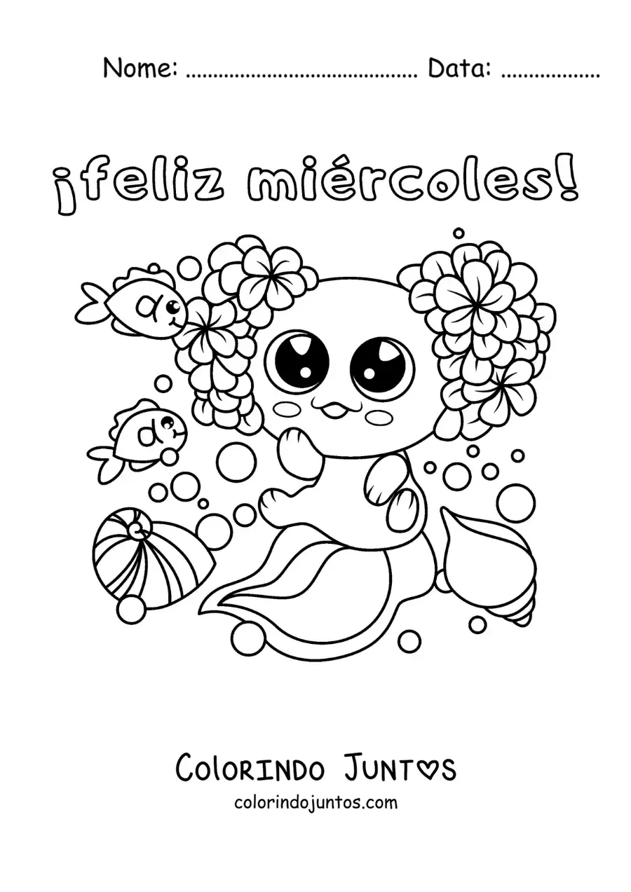 Desenho para colorir de feliz quarta-feira com um axolote kawaii fofo