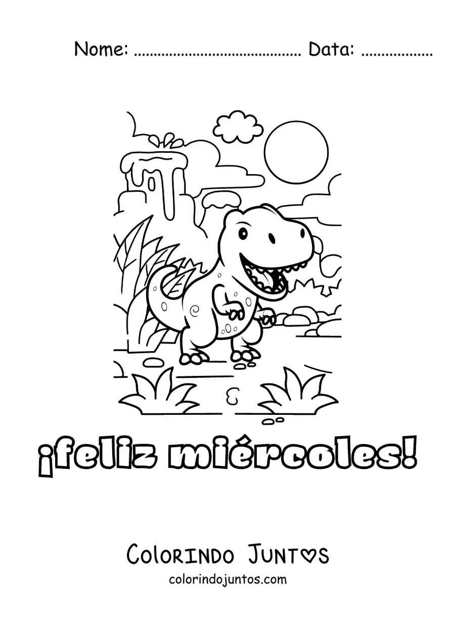 Desenho para colorir de feliz quarta-feira com um dinossauro animado
