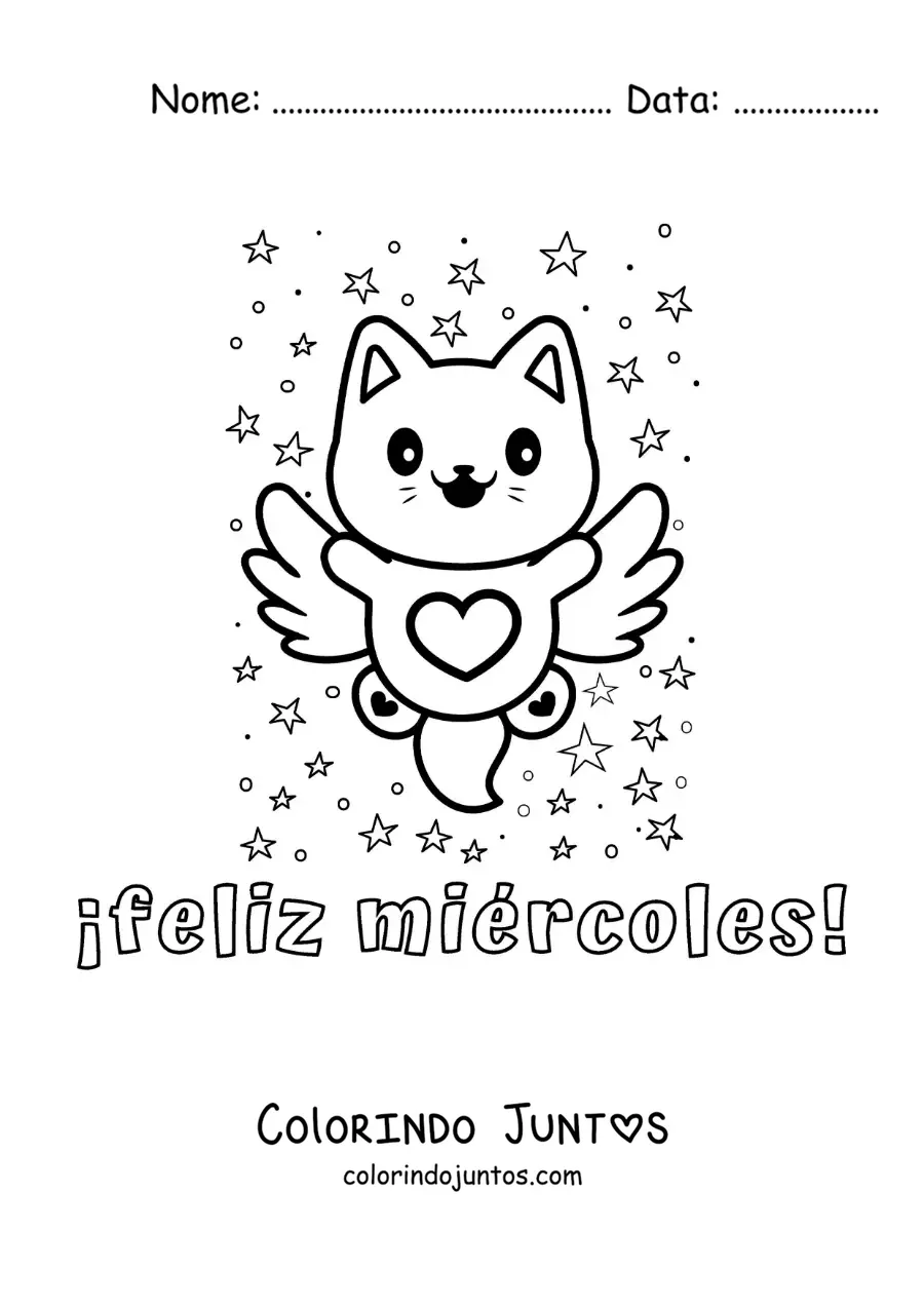 Desenho para colorir de feliz quarta-feira com um gato animado fofo