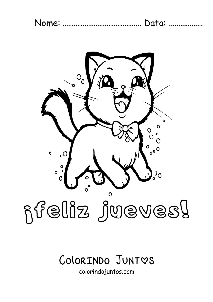 Desenho para colorir de feliz quinta-feira com um gato animado kawaii