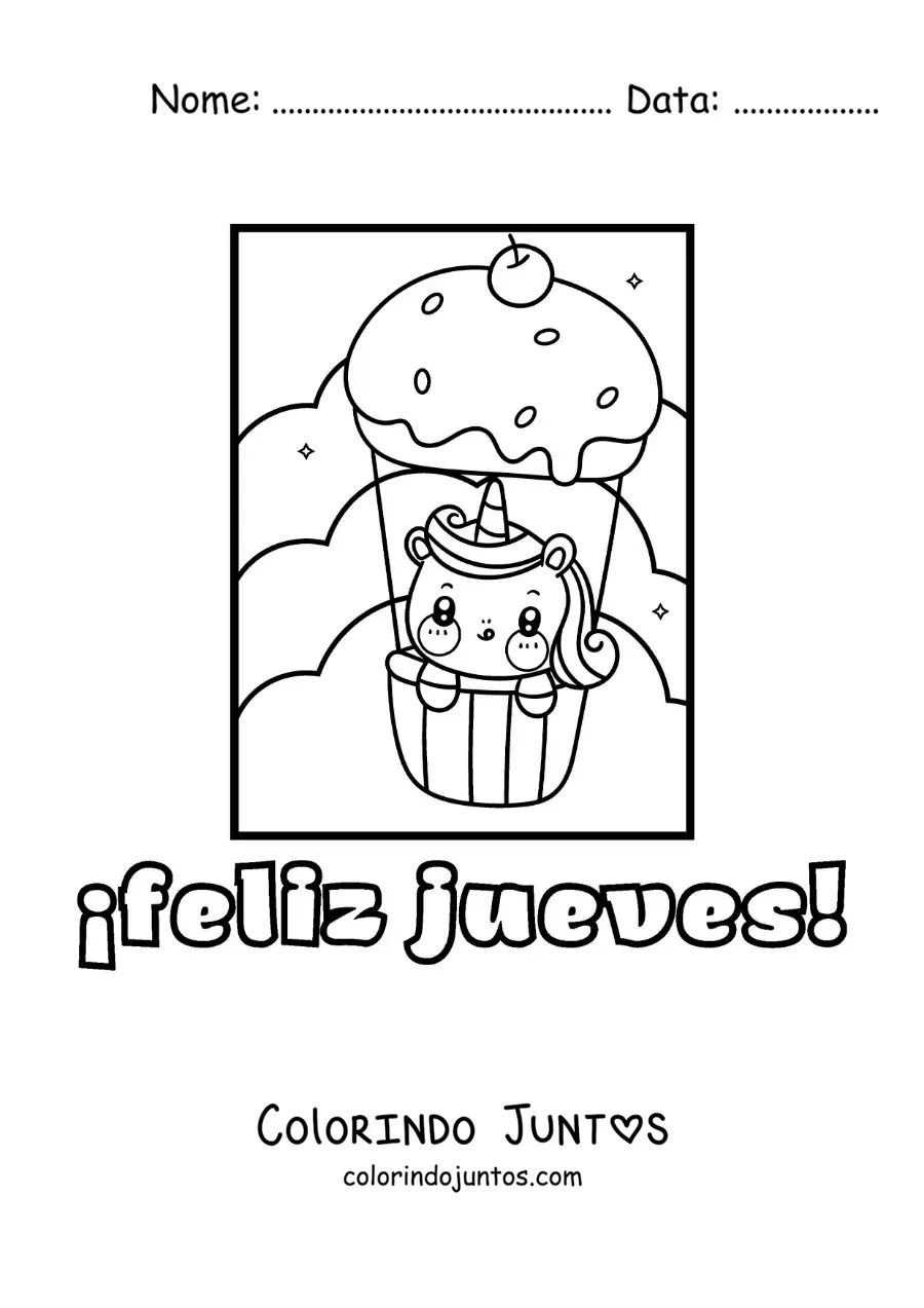 Desenho para colorir de feliz quinta-feira com um unicórnio animado fofo