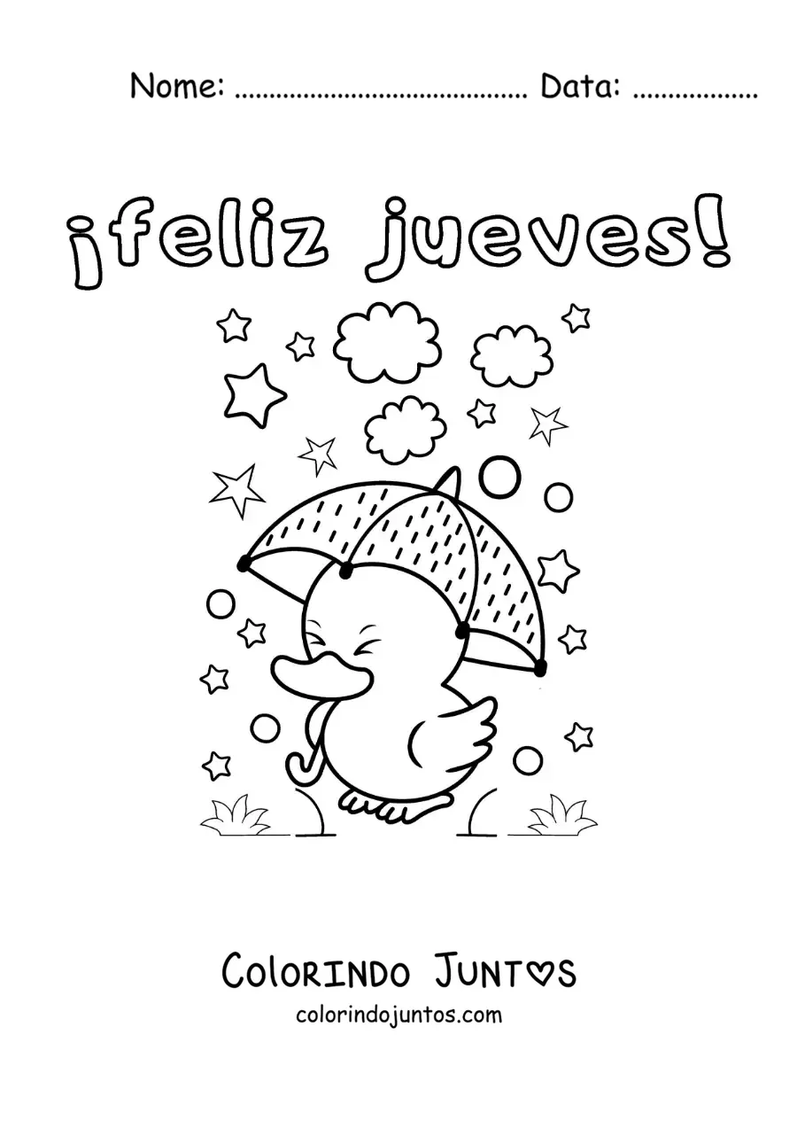 Desenho para colorir de feliz quinta-feira com um pato animado kawaii