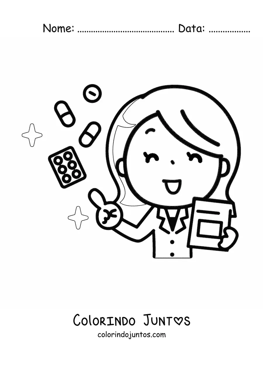 Desenho para colorir de uma medica kawaii receitando um tratamento