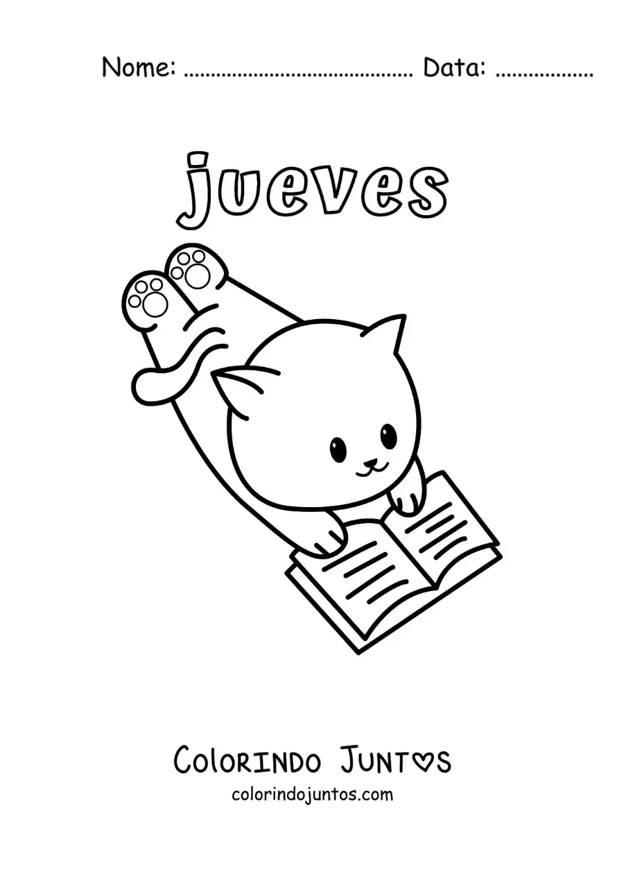 Desenho para colorir da quinta-feira com um gato animado lendo um livro