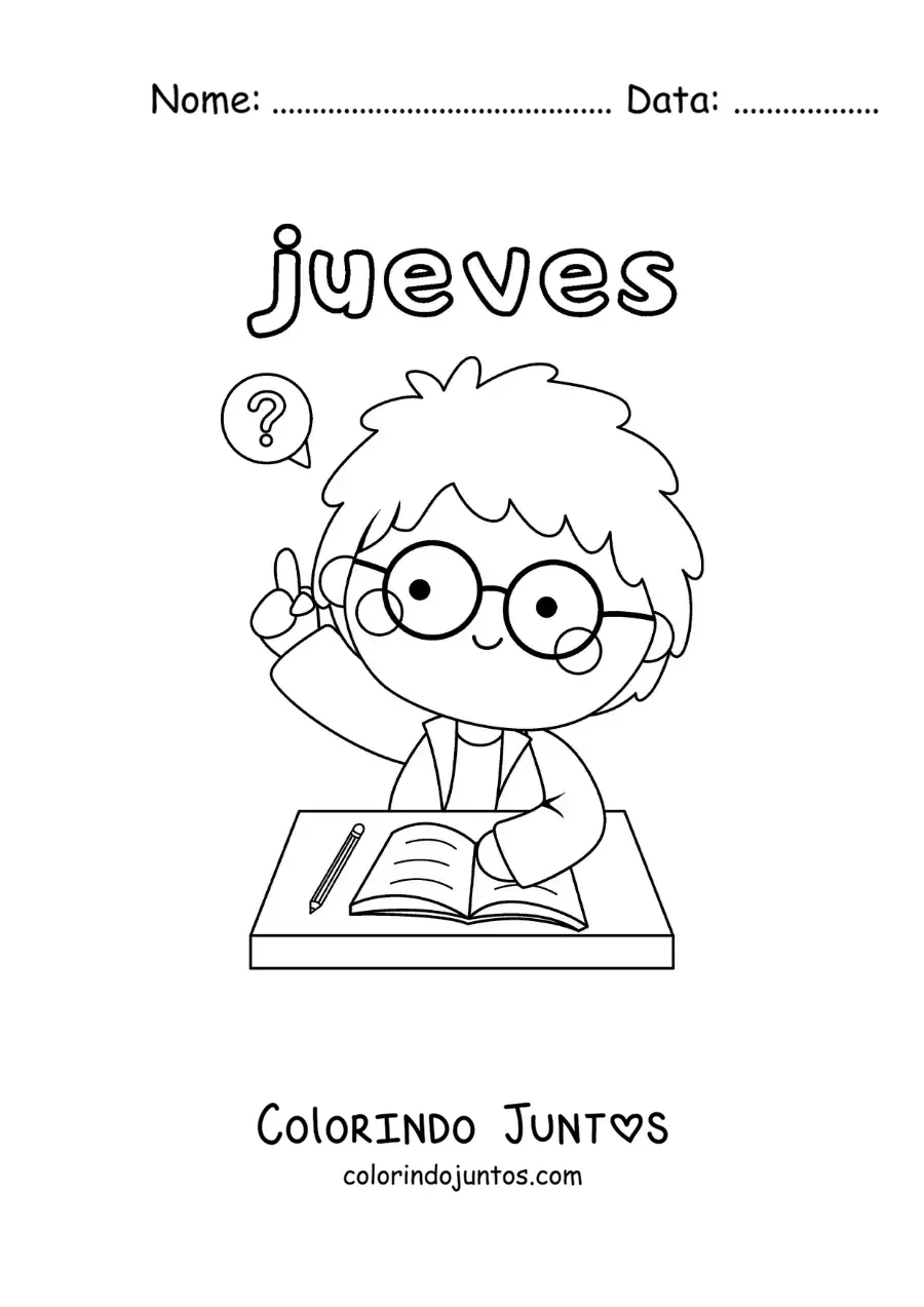 Desenho para colorir da quinta-feira com um menino levantando a mão na aula