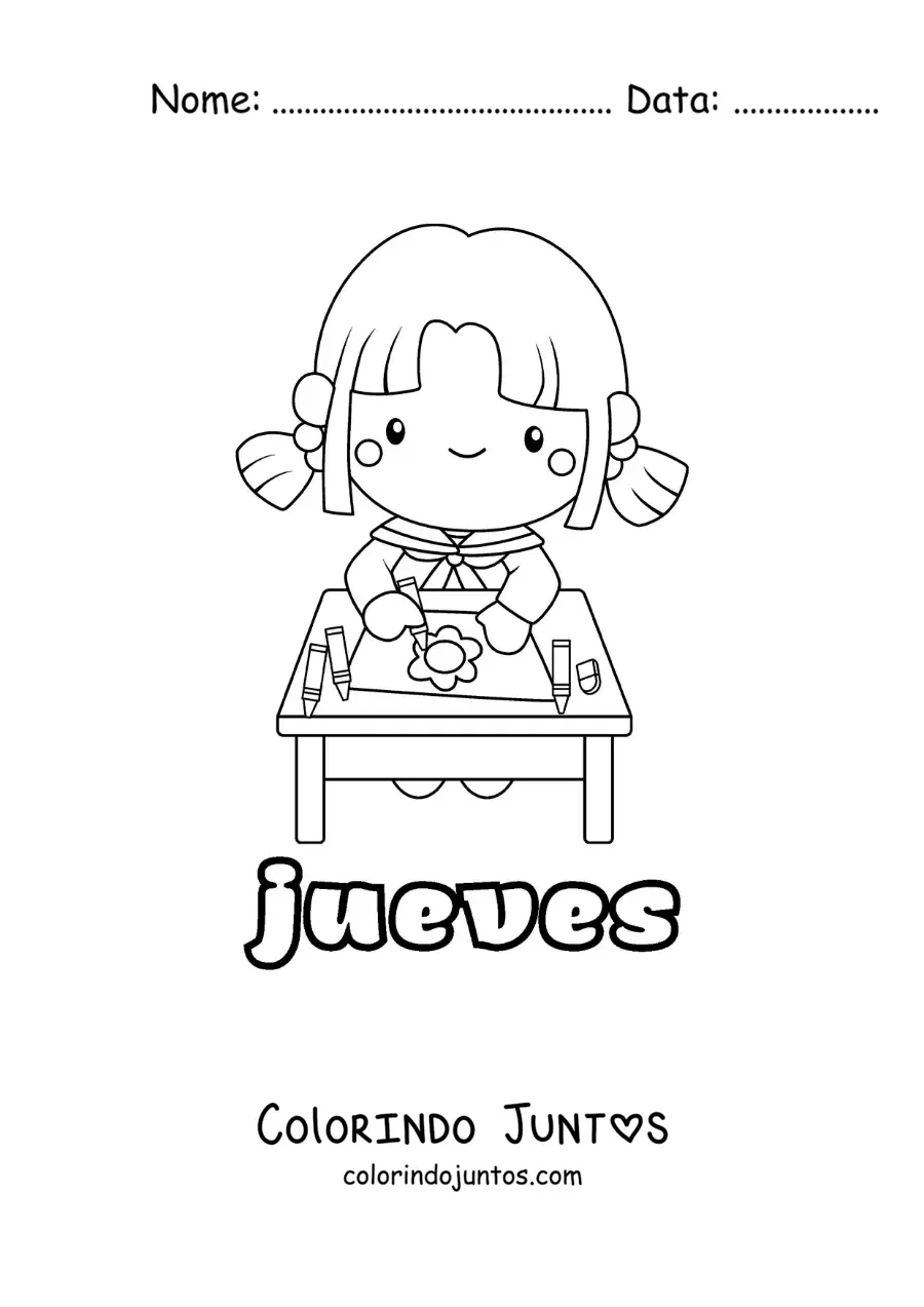Desenho para colorir da quinta-feira com uma menina colorindo na aula