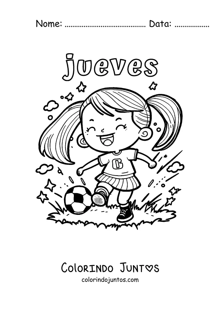 Desenho para colorir da quinta-feira com uma menina jogando futebol