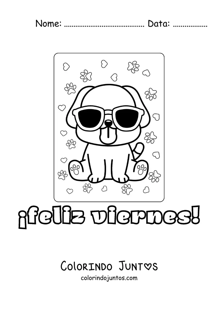 Desenho para colorir de feliz sexta-feira com um pug animado kawaii