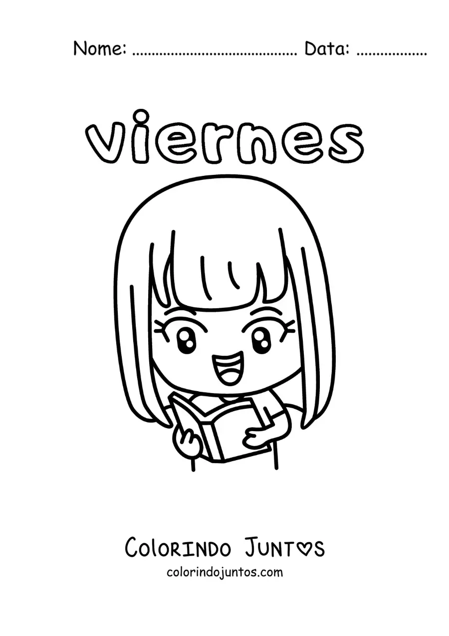 Desenho para colorir da sexta-feira com uma menina lendo um livro