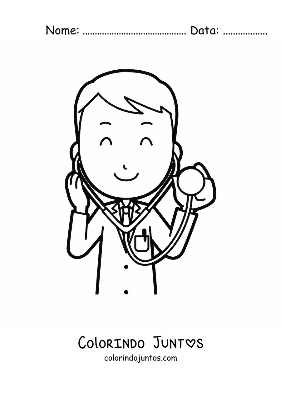 Desenho para colorir de um medico animado auscultando