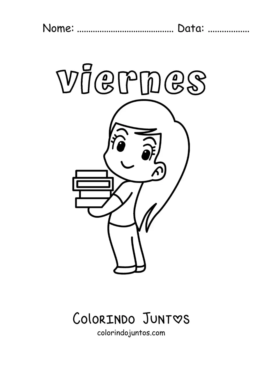 Desenho para colorir da sexta-feira com uma menina carregando livros didáticos