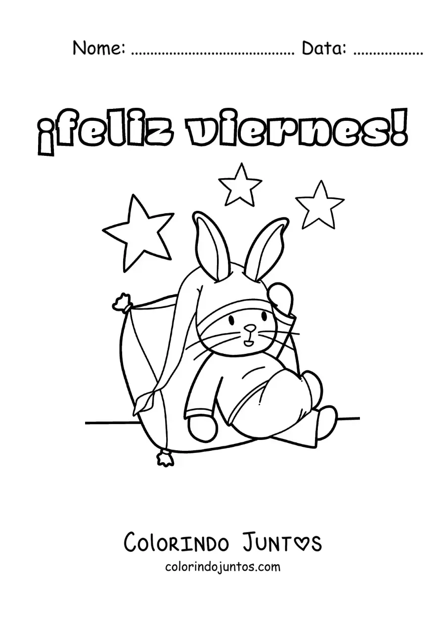 Desenho para colorir de feliz sexta-feira com um coelho animado dormindo de pijama