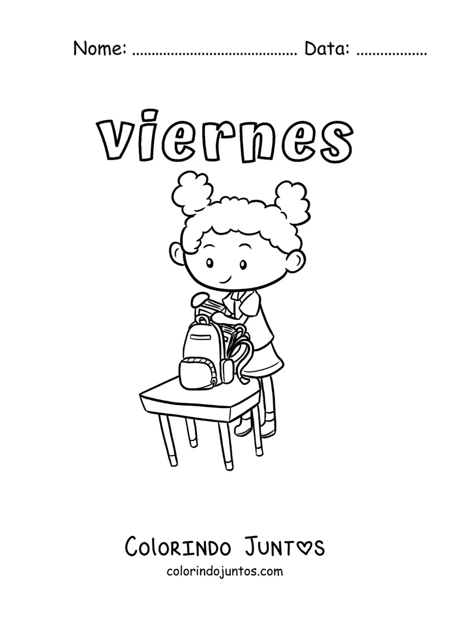 Desenho para colorir da sexta-feira com uma menina guardando o material depois da aula