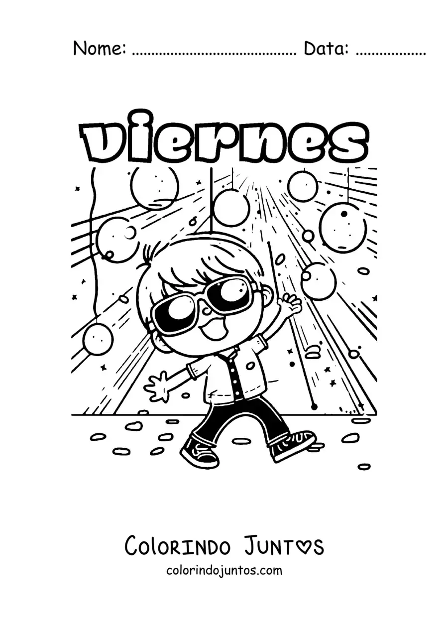Desenho para colorir da sexta-feira com um menino dançando em uma festa