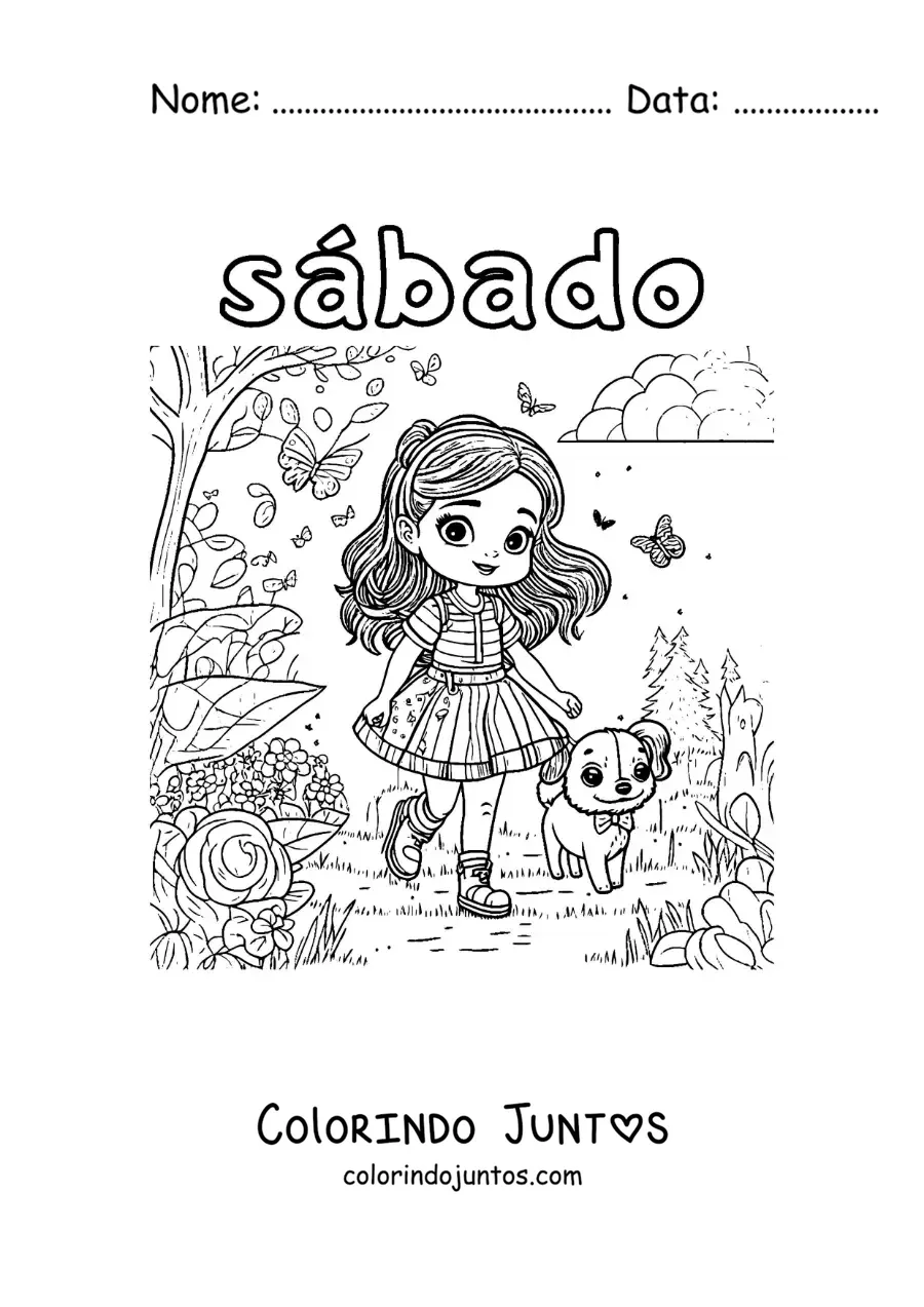 Desenho para colorir do sábado com uma menina passeando com seu cachorro no parque