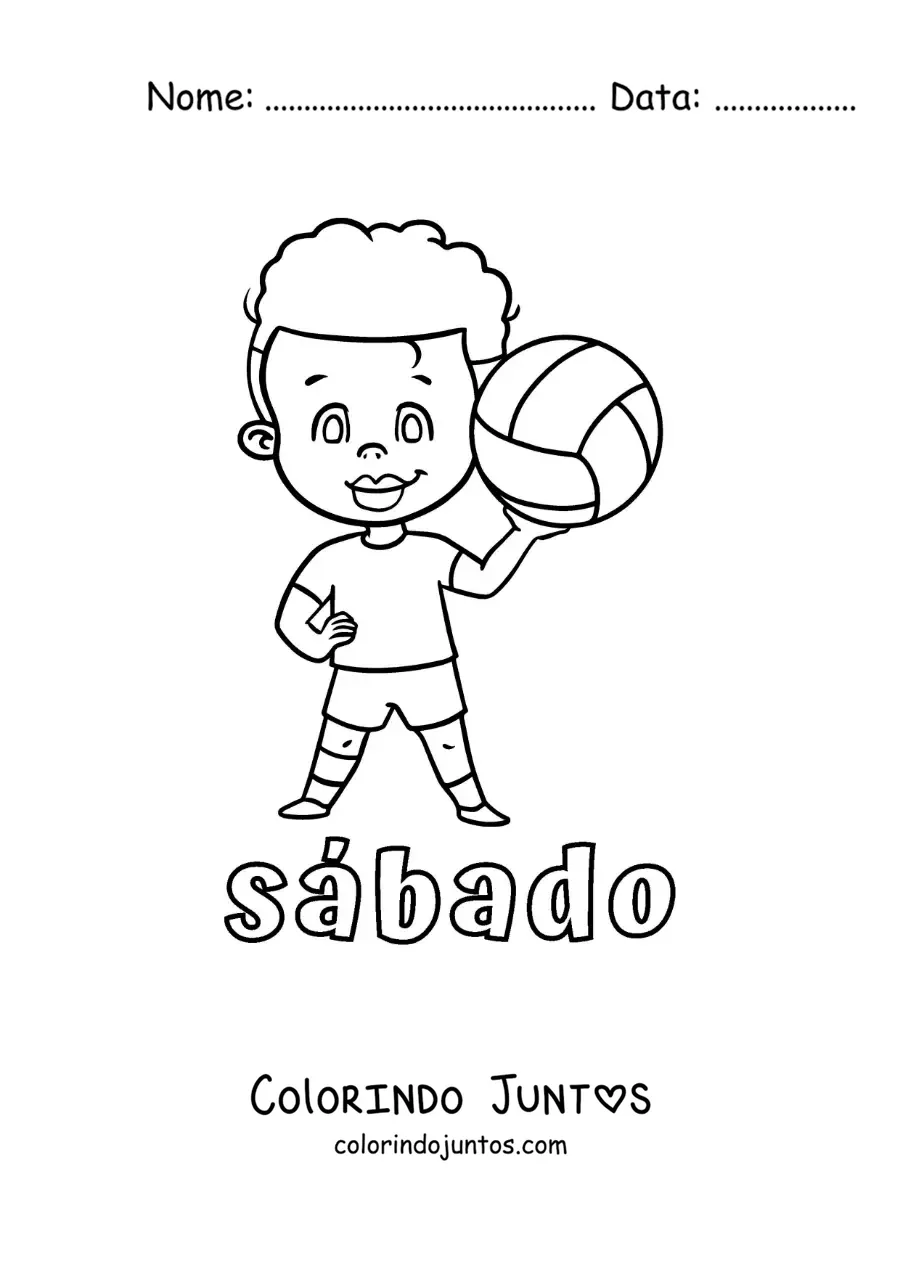 Desenho para colorir do sábado com um menino jogando vôlei