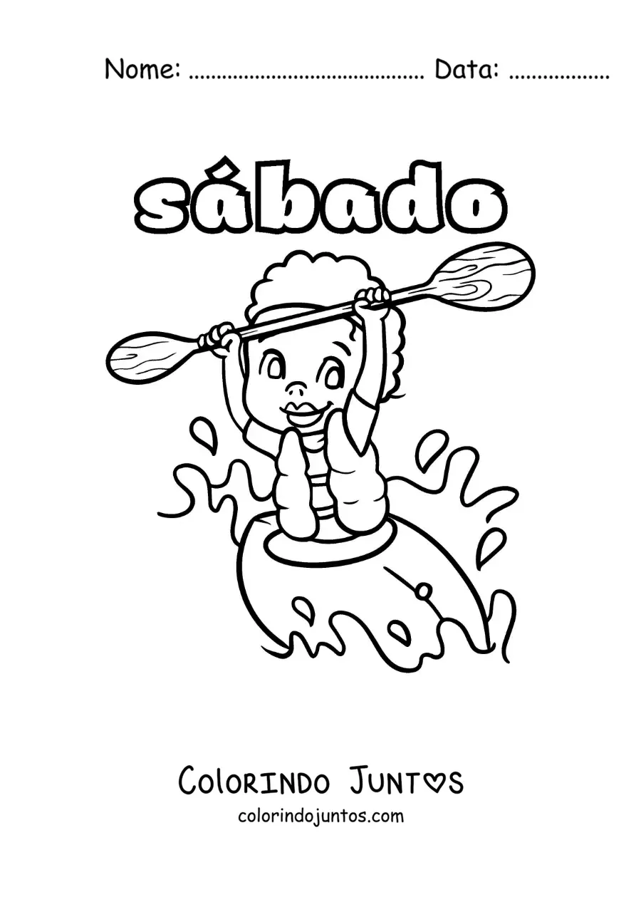 Desenho para colorir do sábado com um menino remando em um caiaque