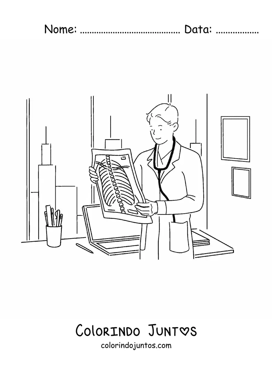 Desenho para colorir de um medico observando um raio x em um consultorio