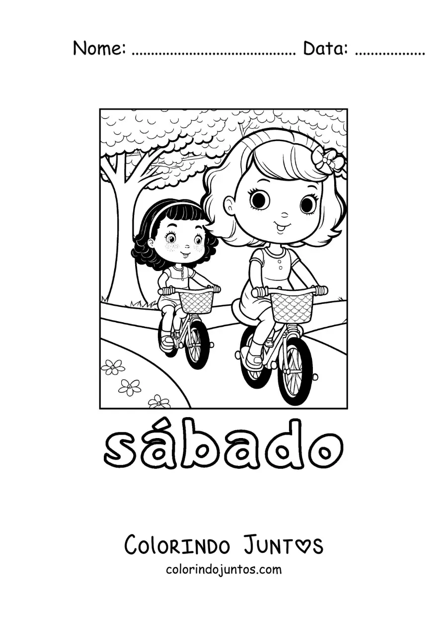 Desenho para colorir do sábado com duas meninas andando de bicicleta no parque