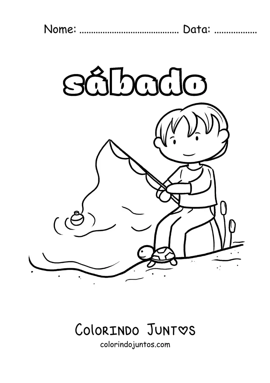 Desenho para colorir do sábado com um menino pescando em um lago