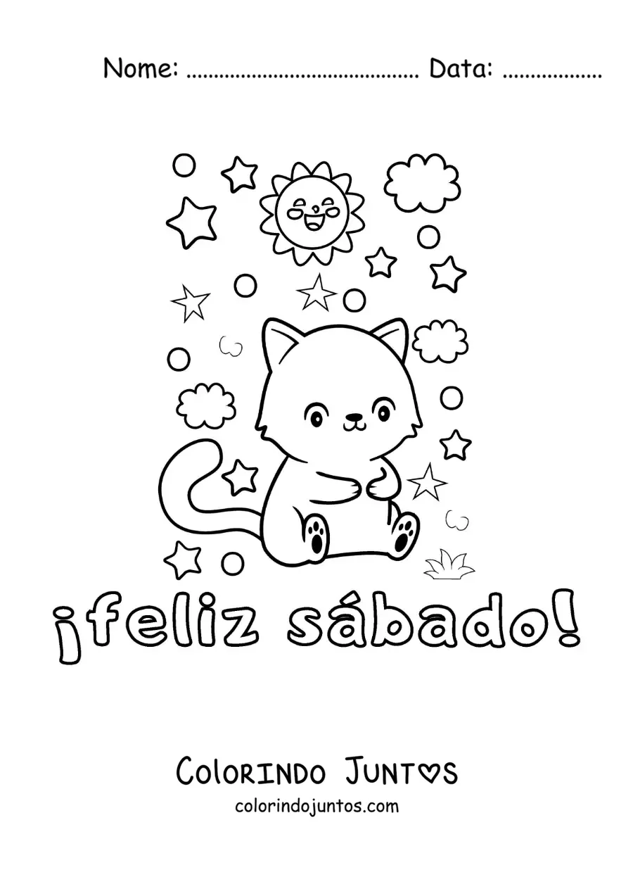 Desenho para colorir de feliz sábado com um gato animado