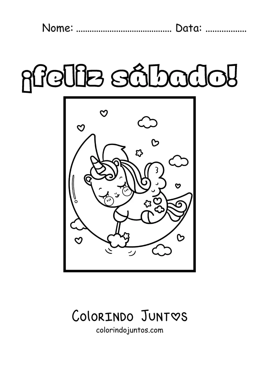 Desenho para colorir de feliz sábado com um unicórnio animado dormindo