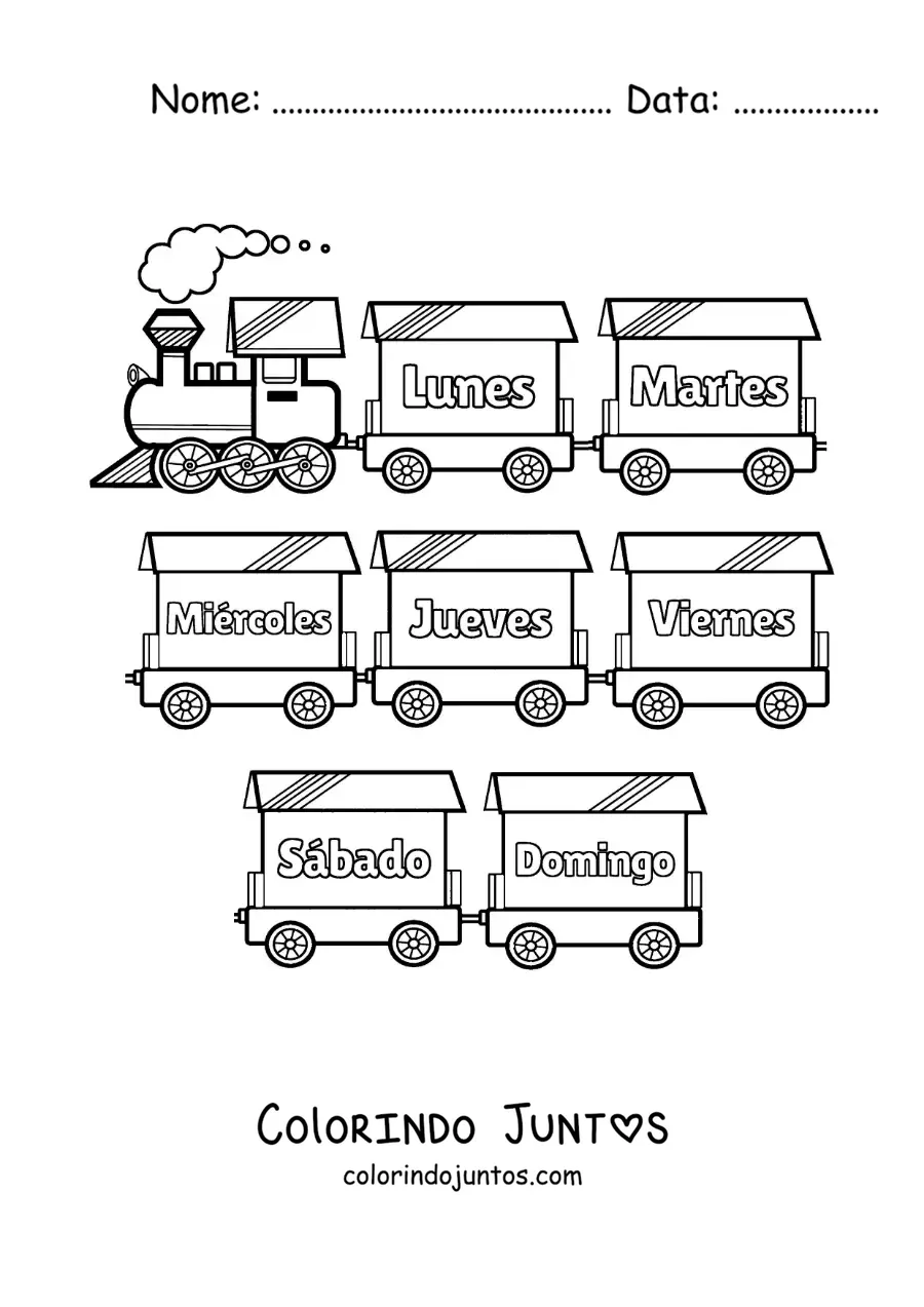 Desenho para colorir de trem com os dias da semana para crianças