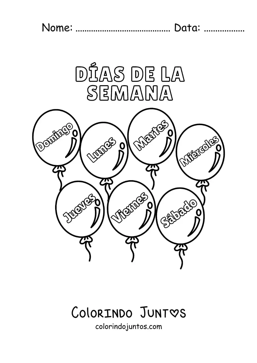 Desenho para colorir de balões com os dias da semana para crianças