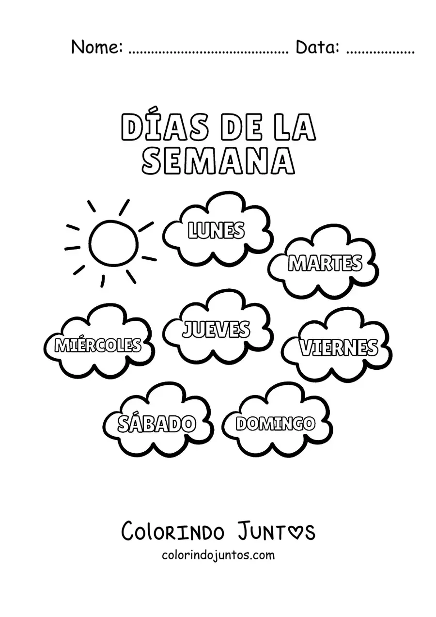 Desenho para colorir de nuvens com os dias da semana para crianças