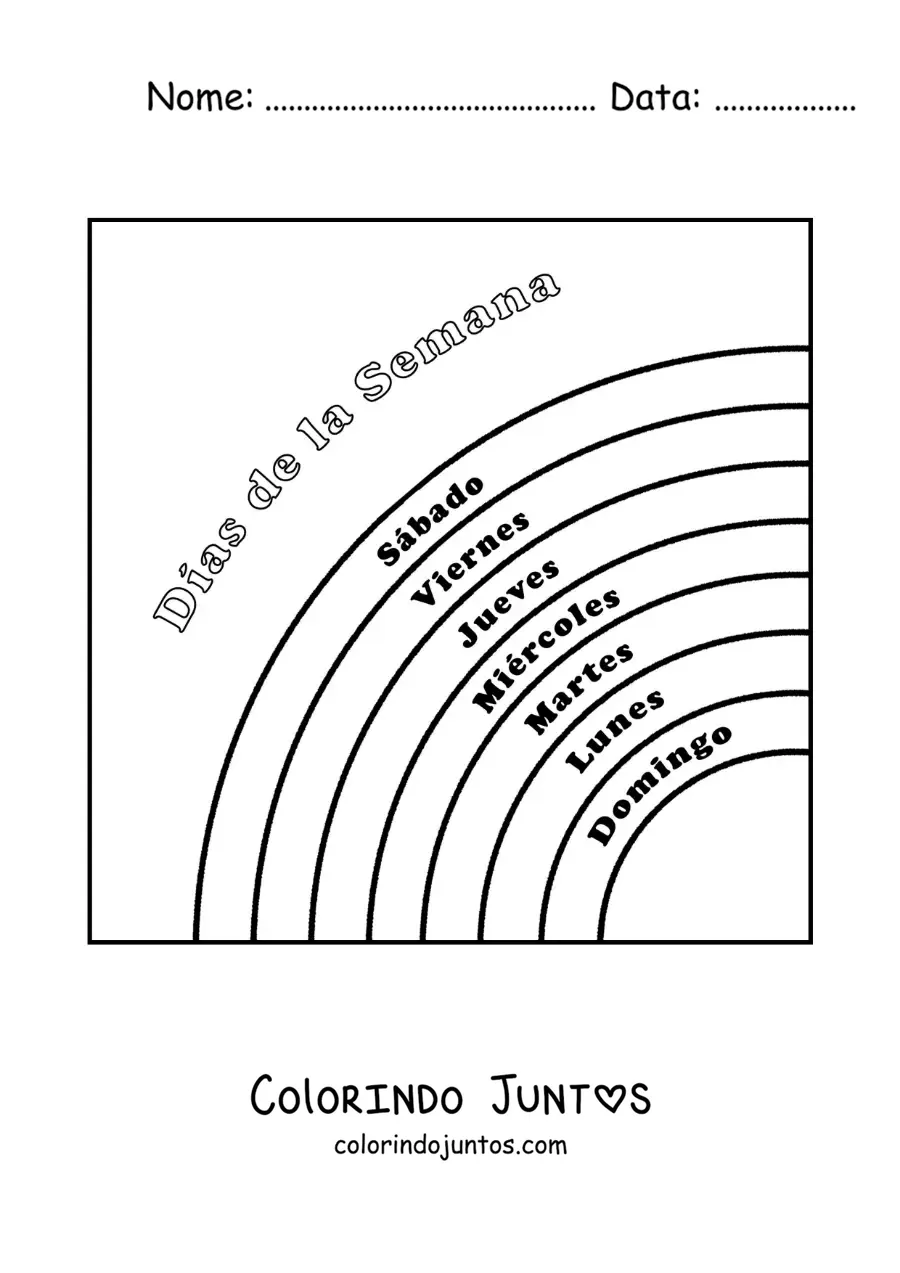 Desenho para colorir de arco-íris com os dias da semana para crianças