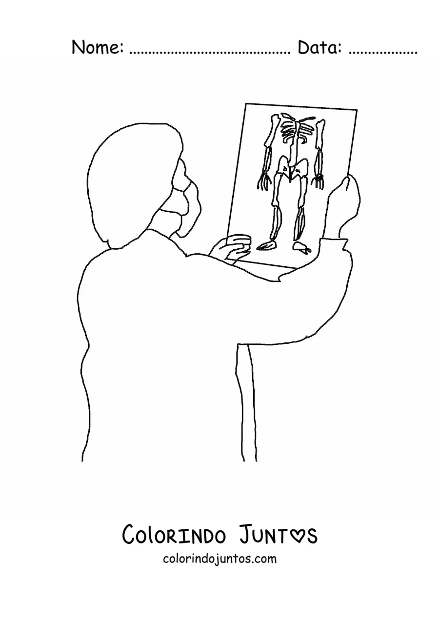 Desenho para colorir de um medico com roupa de centro cirurgico observando um raio x