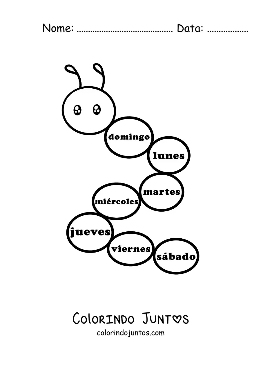 Desenho para colorir de minhoca com os dias da semana para crianças