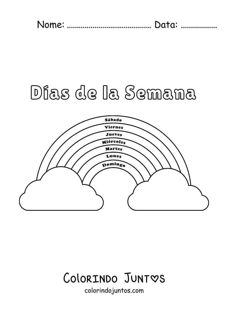 Desenho para colorir de arco-íris para aprender os dias da semana para crianças