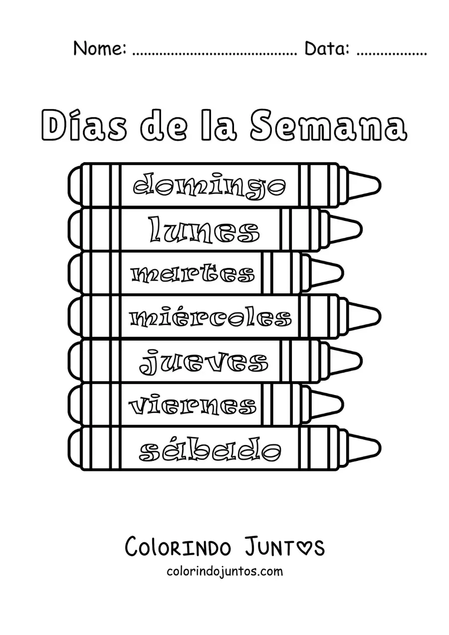 Desenho para colorir de giz de cera com os dias da semana para crianças