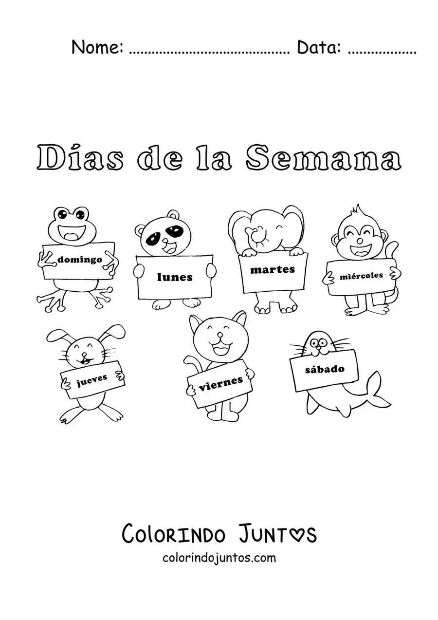 Desenho para colorir de animais animados com os dias da semana para crianças