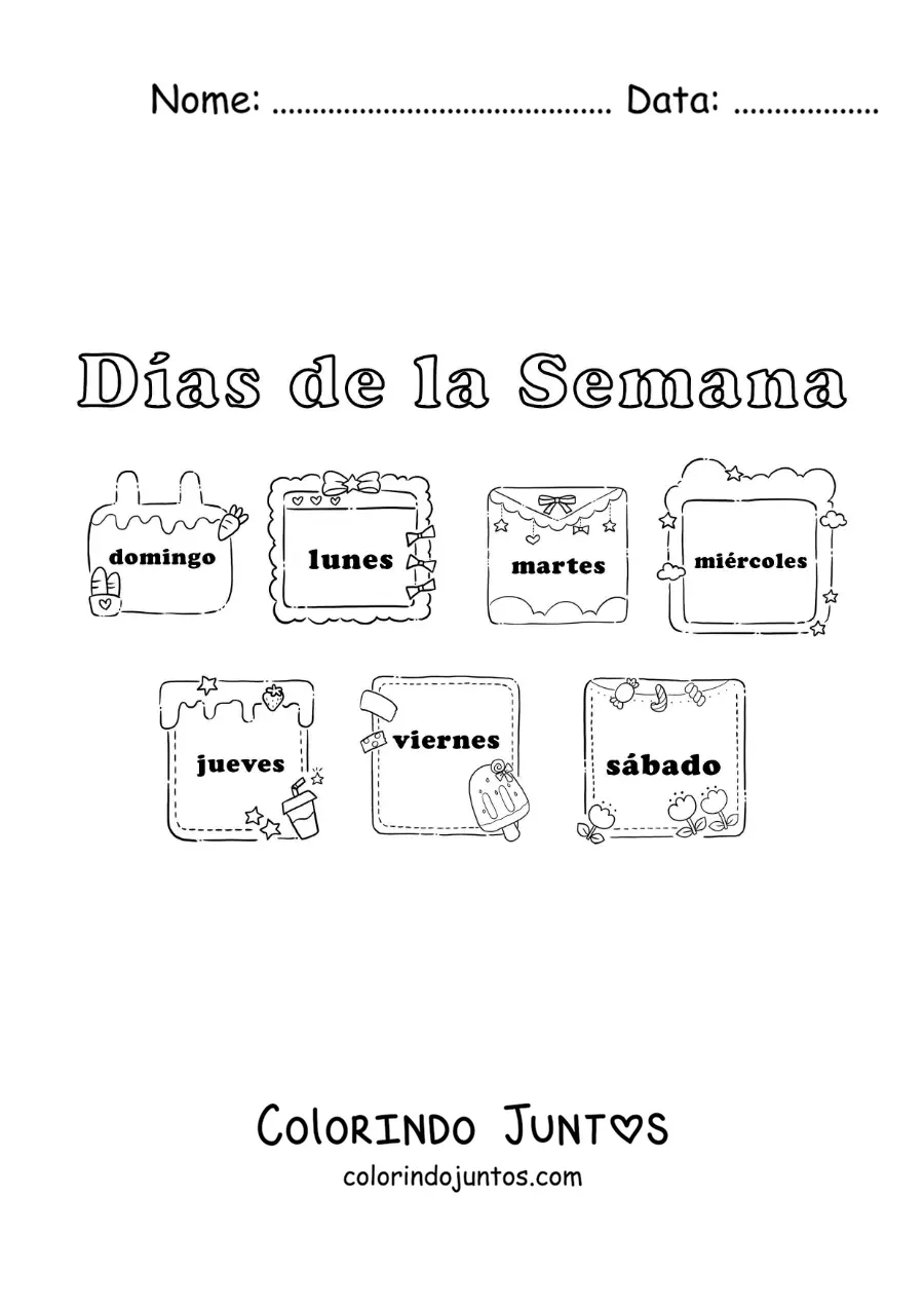 Desenho para colorir de fichas com os dias da semana para crianças