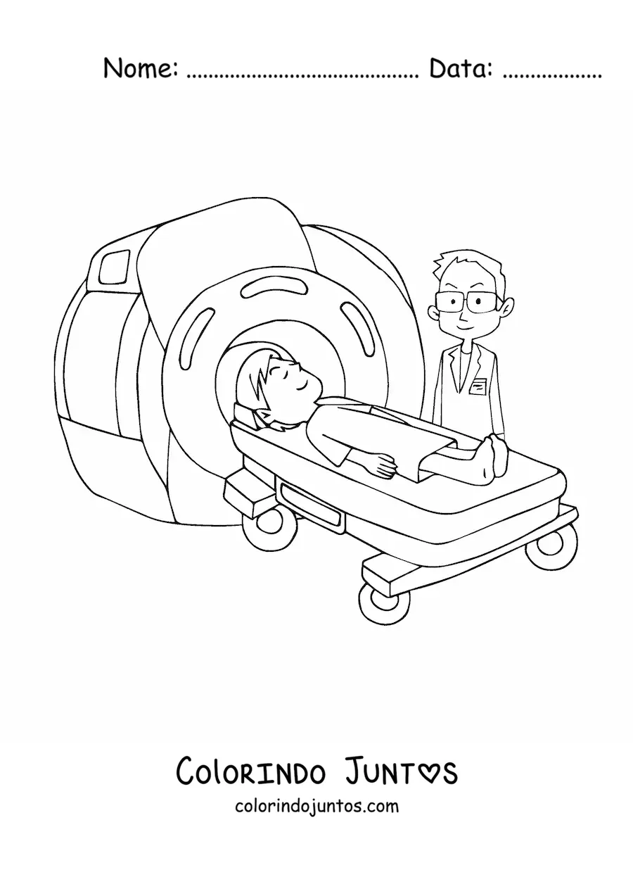 Desenho para colorir de um medico realizando uma ressonancia magnetica em um paciente