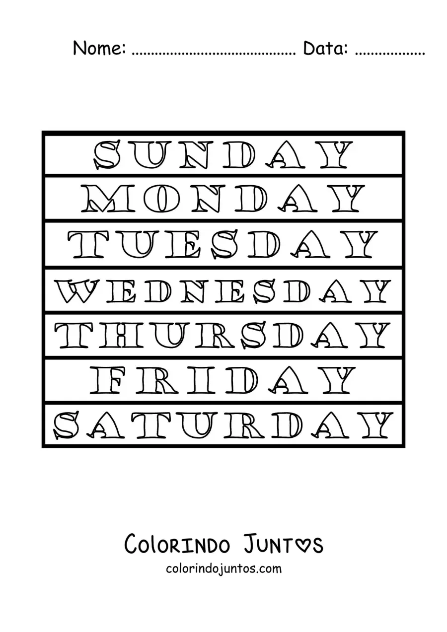 Desenho para colorir dos dias da semana em inglês