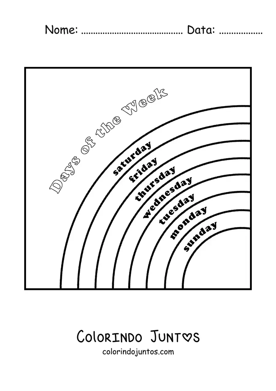 Desenho para colorir de arco-íris com os dias da semana em inglês