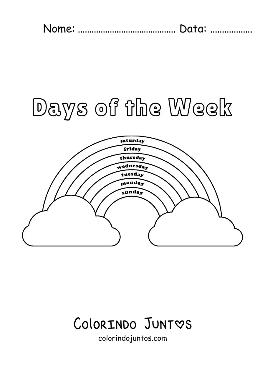 Desenho para colorir de arco-íris para aprender os dias da semana em inglês