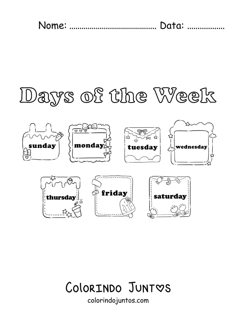 Desenho para colorir de fichas com os dias da semana em inglês